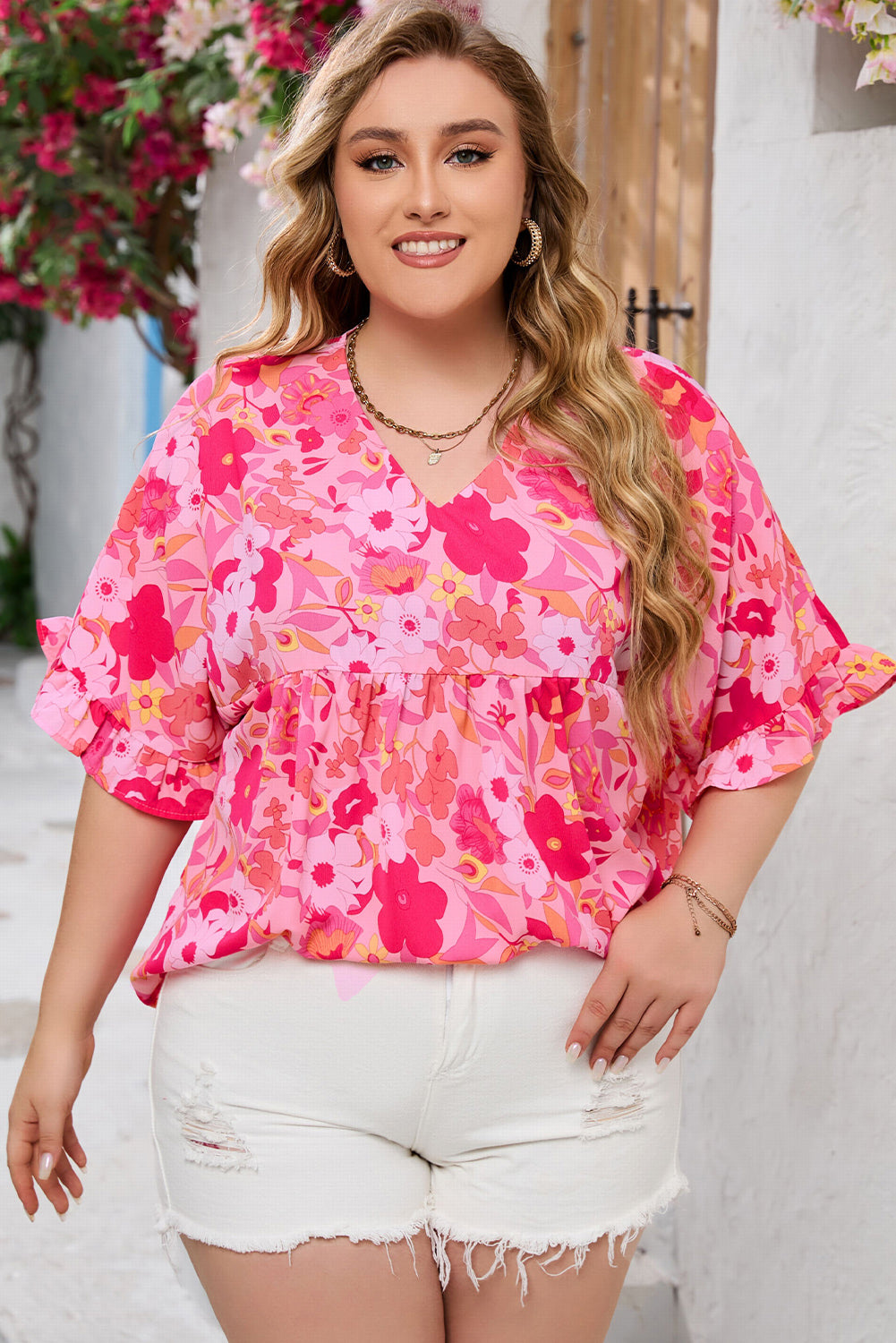 Kaiya Floral Print Ruffled Half Sleeve Plus Size Babydoll Blouse