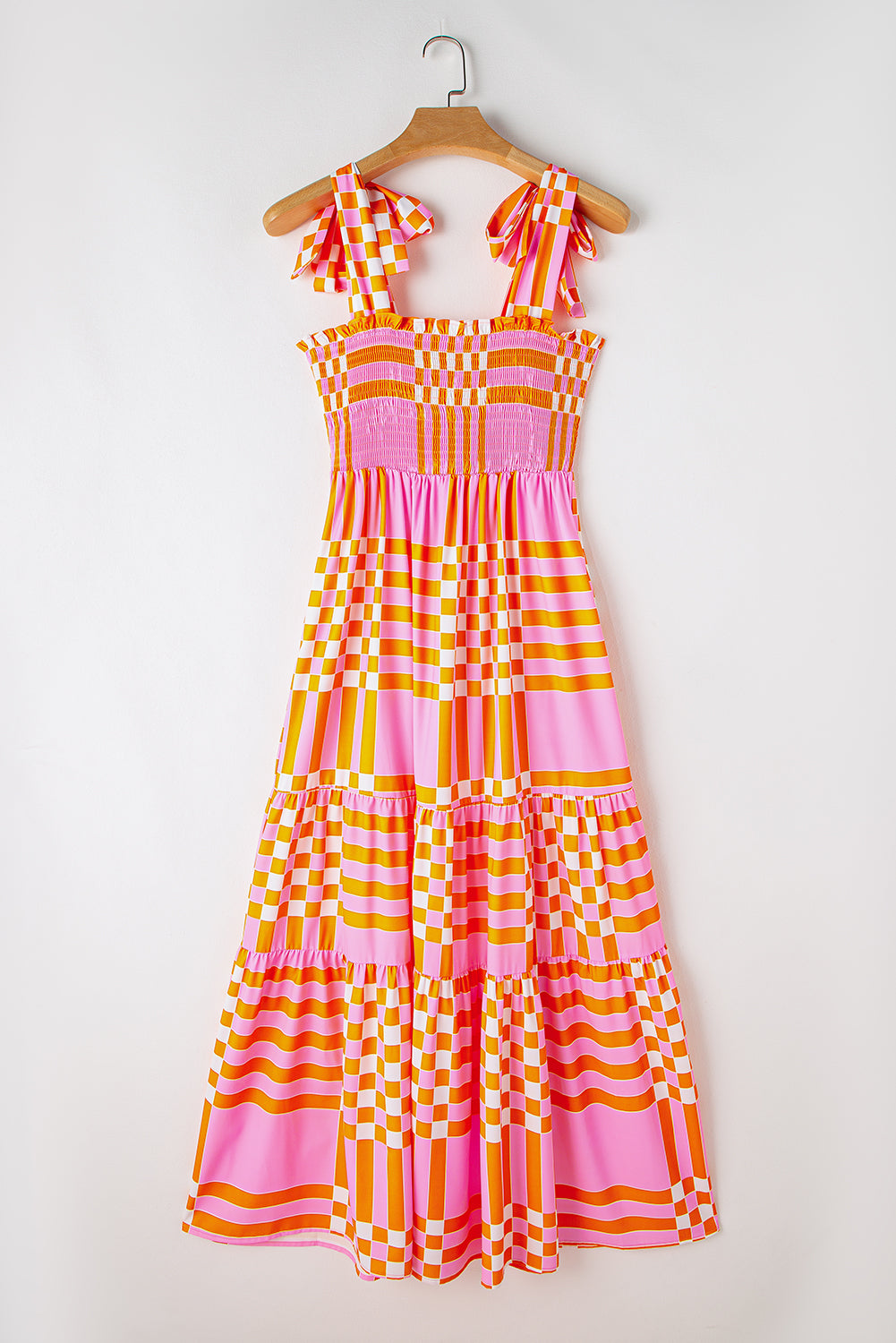 Elyse Boho Gingham Tied Straps Smocked Maxi Dress