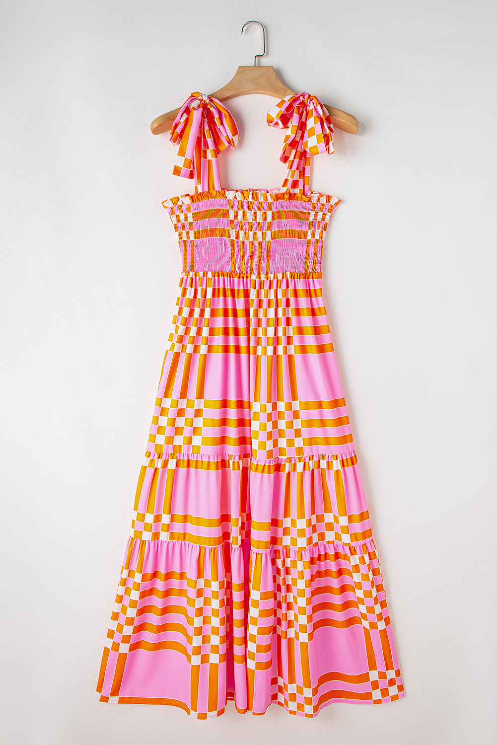 Elyse Boho Gingham Tied Straps Smocked Maxi Dress