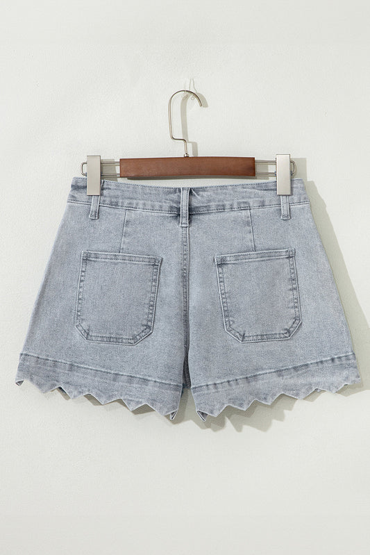 Scalloped Acid Wash High Waist Denim Shorts