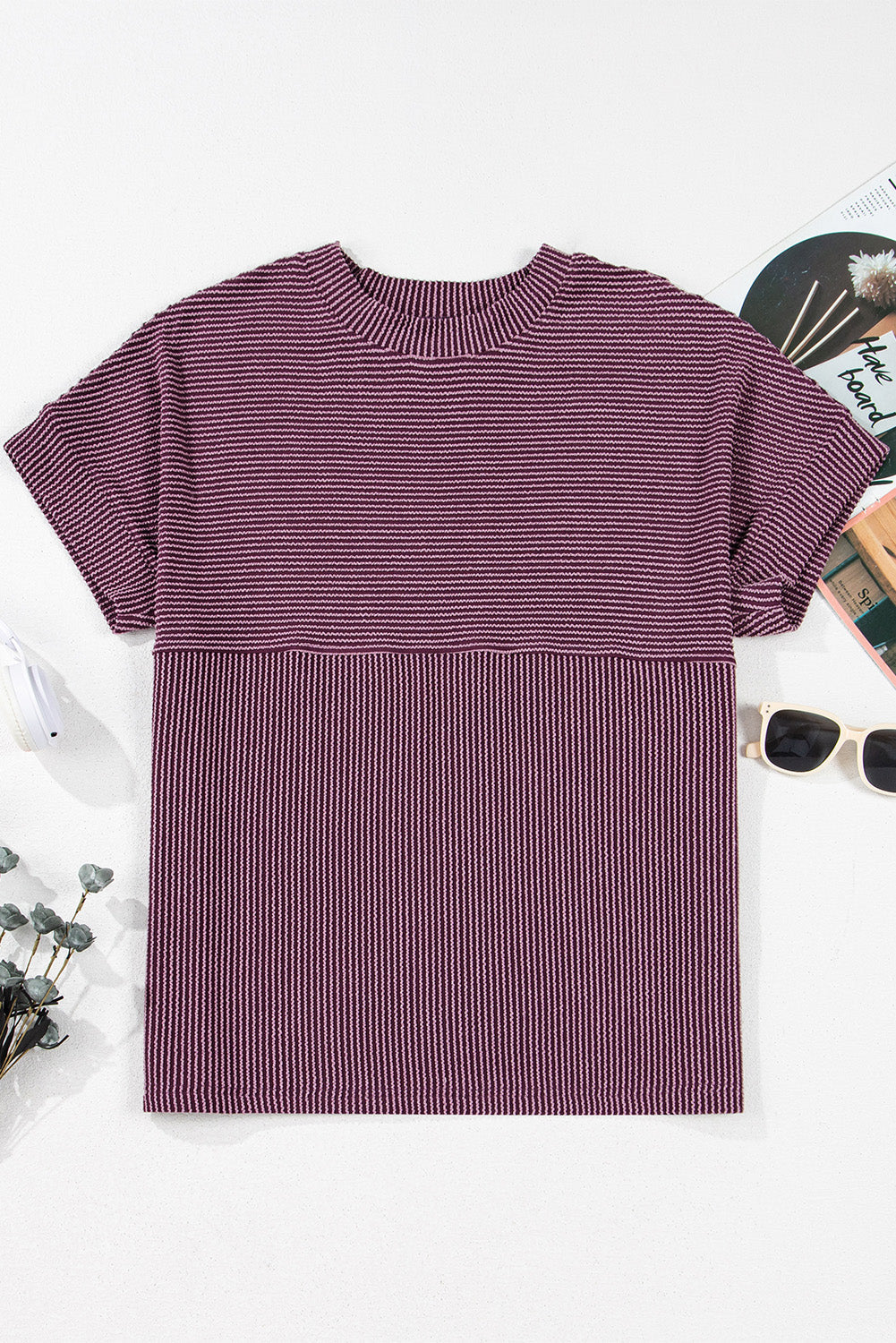 Alessandra Plain Corded Knit Mock Neck T Shirt