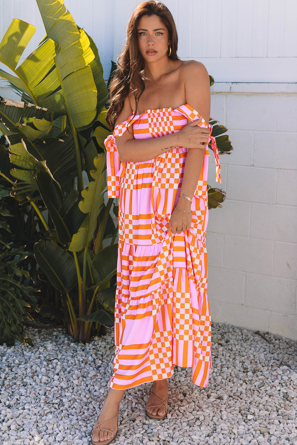 Elyse Boho Gingham Tied Straps Smocked Maxi Dress