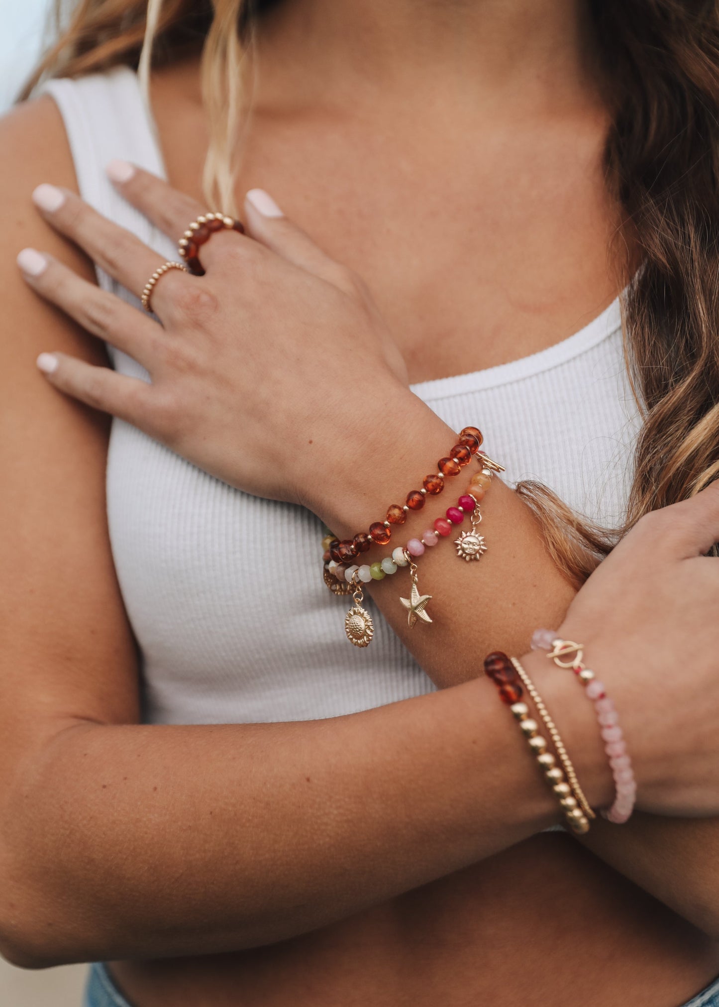 Baltic Sea Amber : 14k Gold Filled Beaded Sun + Moon || Adult Bracelets