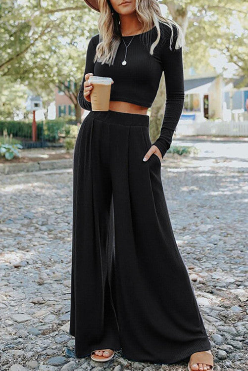 Black Crop Top Pants Set