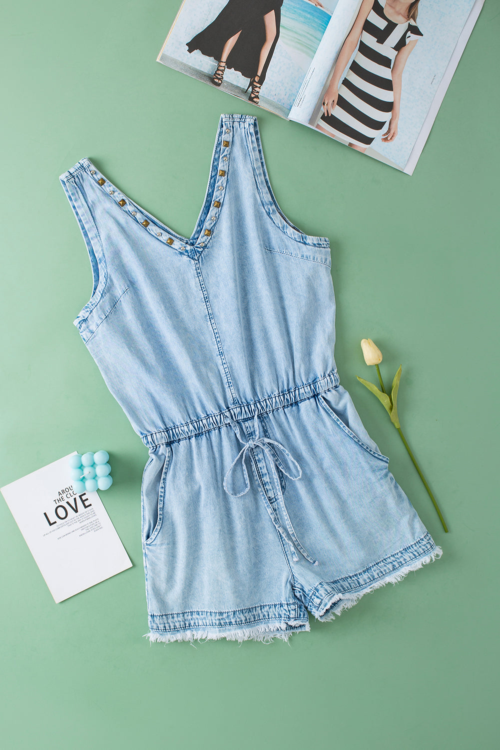 Ellis Studded Raw Hem Denim Romper