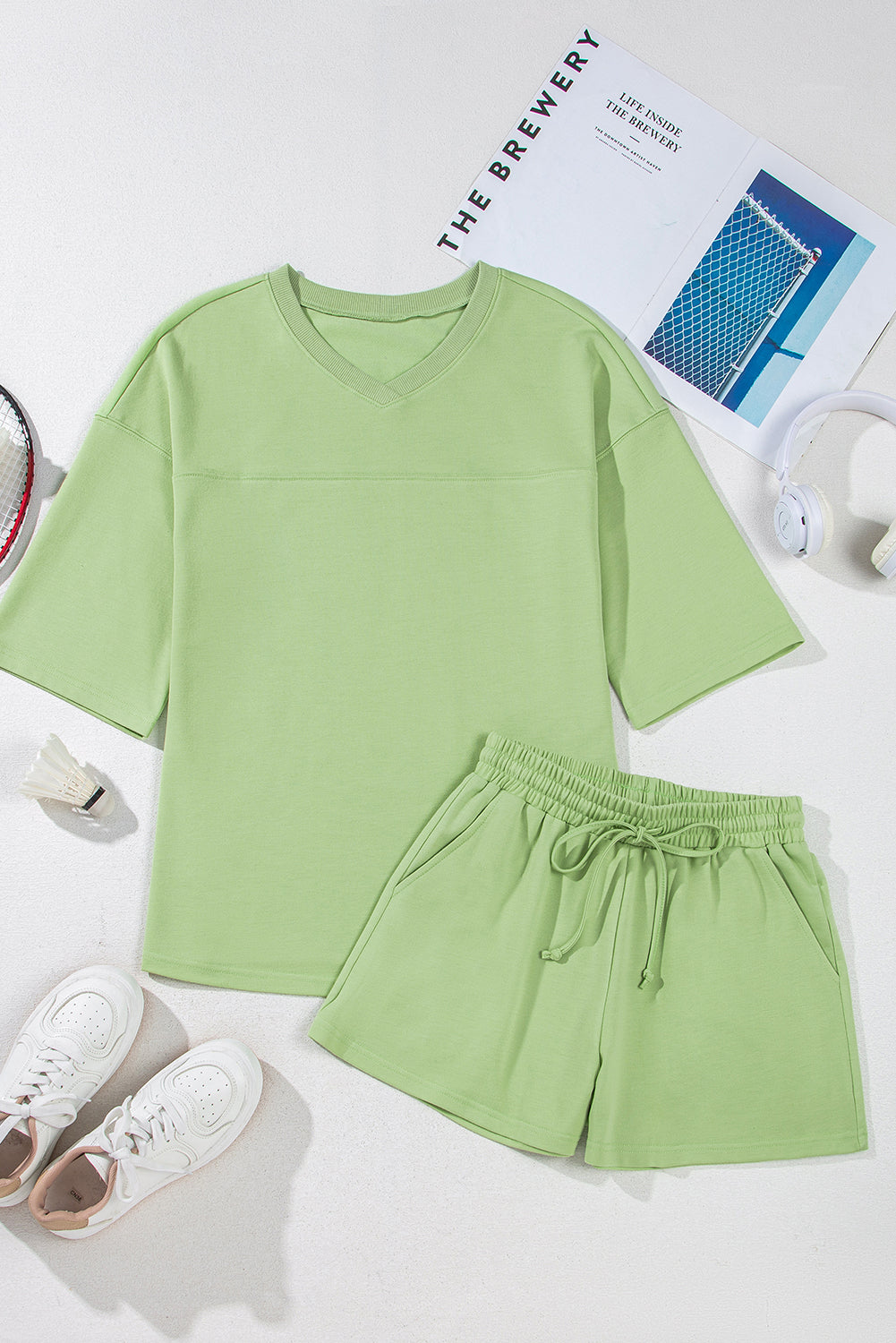 Emmeline Loose V Neck Half Sleeve Tee and Shorts