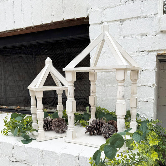 Distressed White Turned Wooden Open Lanterns, Set of Two