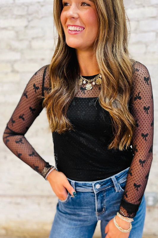 Black Bow Mesh Long Sleeve Top