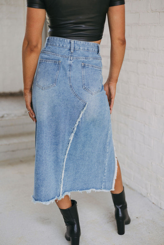 Cheyenne Frayed Slit Asymmetric Denim Midi Skirt
