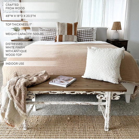 Distressed White Finish Wooden Bench