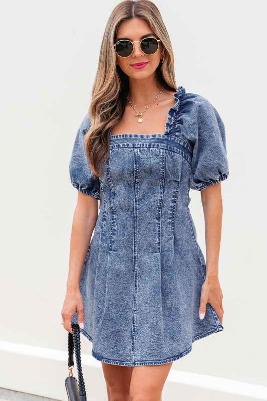 Celia Square Neck Bustier Puff Sleeve Short Denim Dress