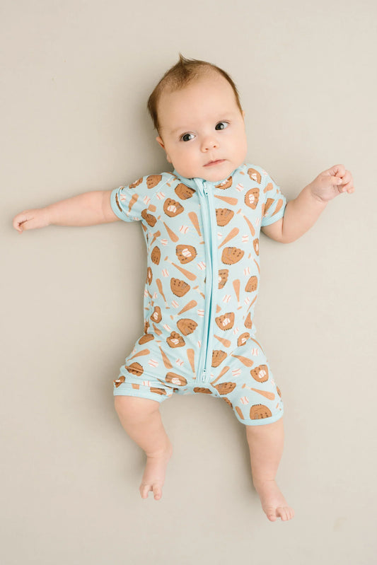 Little One Shop: Home Run Blue Bamboo Shortie Romper