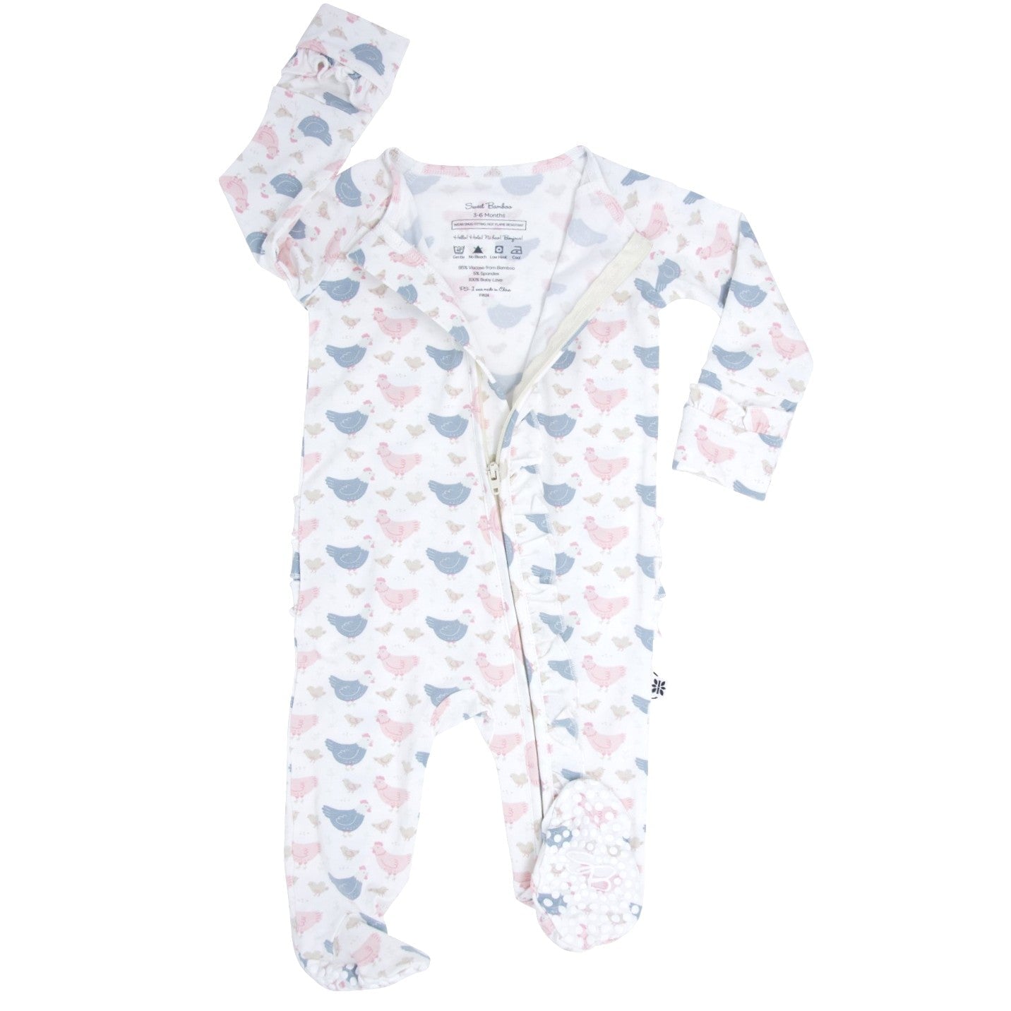 Pink Farm Hens Bamboo Ruffle Footie